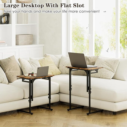 Fleecy day Adjustable Folding TV Tray Table,TV Dinner Small Foldable C-Shaped End Table for Eating,6 Height Adjustable Slide Under Couch Side with Sturdy MDF Top,No Assembly(Brown)
