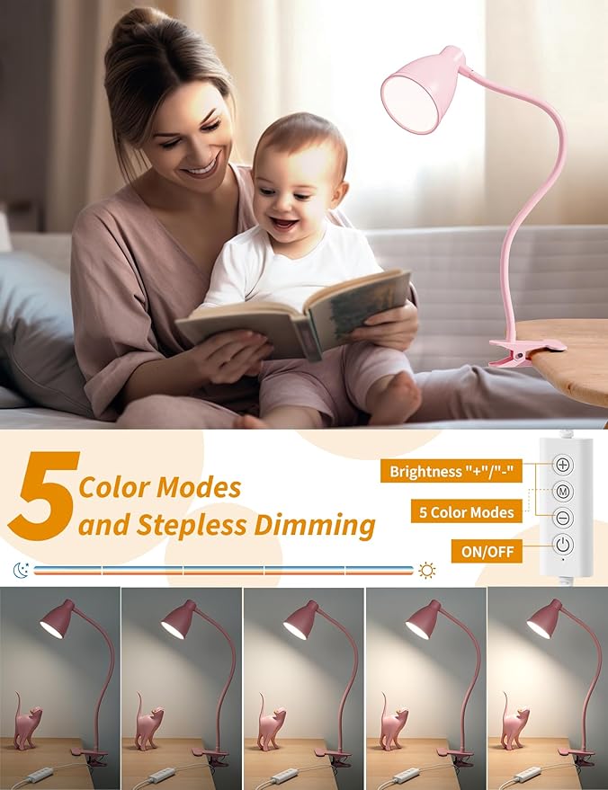 BOHON Cute Desk Lamp with Clamp 10W 38 LED Clip on Light, 5 Color 10 Brightness Auto Off Timer Flexible Gooseneck Pink Lamp Kawaii Accessories Desk Lights for Office Home Bed Bedside Reading, Pink