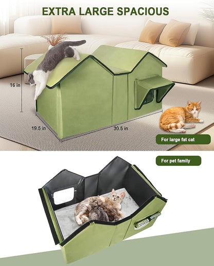 Extra Wide Large Cat Houses for Outdoor Cats Weatherproof, Elevated Waterproof Outdoor Cat House, Outside Stray Cat Shelter for Multiple Cats Small Dogs (Green, Unheated)