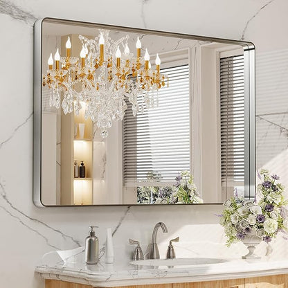 LOAAO 48X30 Inch Brushed Nickel Bathroom Mirror, Rounded Rectangle Silver Metal