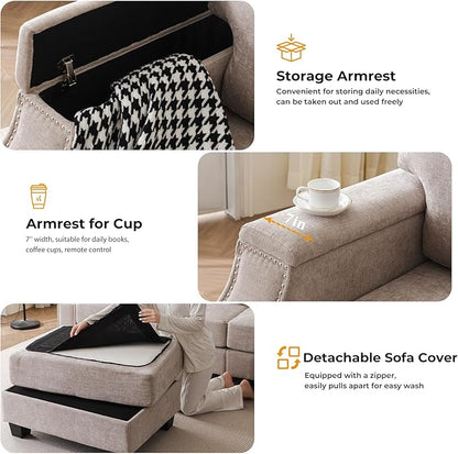 Rukefo 85" Sectional Sofa Couch with Storage Ottoman,L Shaped Couch with Armrest Organizer,3-Seater Sofa,Sofa and Chair Set,Couches for Living Room,Bedroom,Apartment,Chenille,Khaki
