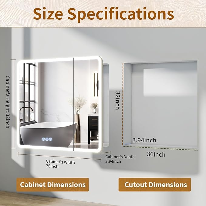 BEAUTYPEAK 36 x 32 LED Bathroom Medicine Cabinet Mirror, Adjustable Shelves