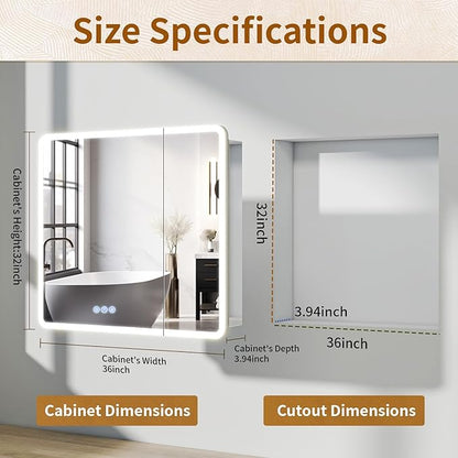 BEAUTYPEAK 36 x 32 LED Bathroom Medicine Cabinet Mirror, Adjustable Shelves