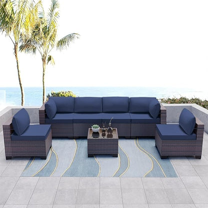 Kullavik 7 Pieces Outdoor Patio Furniture Set,Wicker Outdoor Sectional Sofa,All-Weather Patio Conversation Sets with Washable Thick Cushions & Coffee Table for Garden,Backyard,Balcony,Porch,Navy Blue