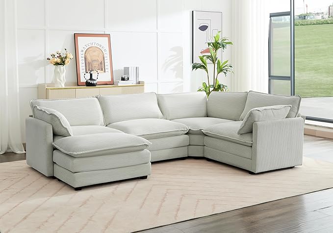 ROWHY 113'' Modular Sectional Cloud Corner Couch, 5 Seater L Shape Sofa Big Comfy Corduroy Oversized Couch with 2 Pillows Movable Ottoman, Deep Seat Sectional Couches for Living Room Office Light Grey