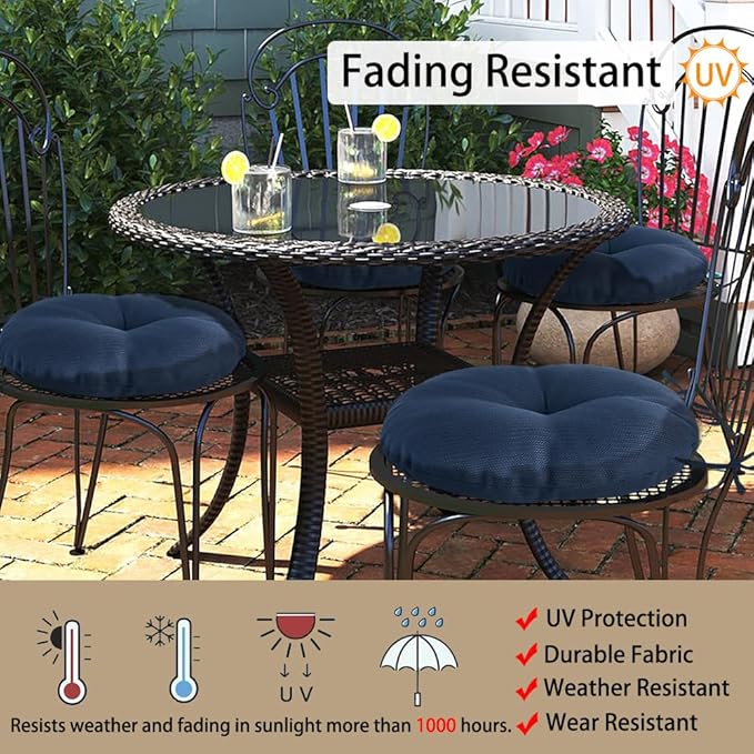 Magpie Fabrics Outdoor 15"x15"x4" Round Bistro Seat Cushions with Ties Set of 2, Tufted Waterproof Patio Floor Chair Pads for Home Garden Balcony Kitchen Office Porch, Navy