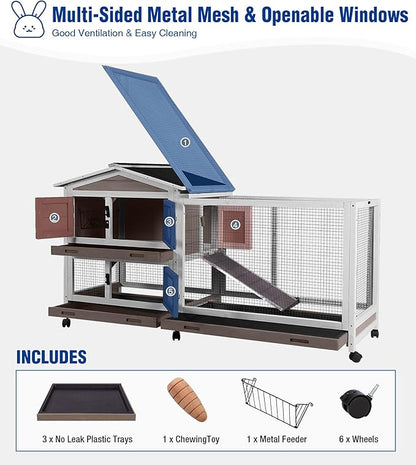 Large Rabbit Hutch Indoor, Bunny Cage Outdoor with Chew-Proof Ramp, 2-Story Guinea Pig Cages with 6 Wheels, 3 Pull-Out Trays, Waterproof Asphalt Roof, 62" L - Brown