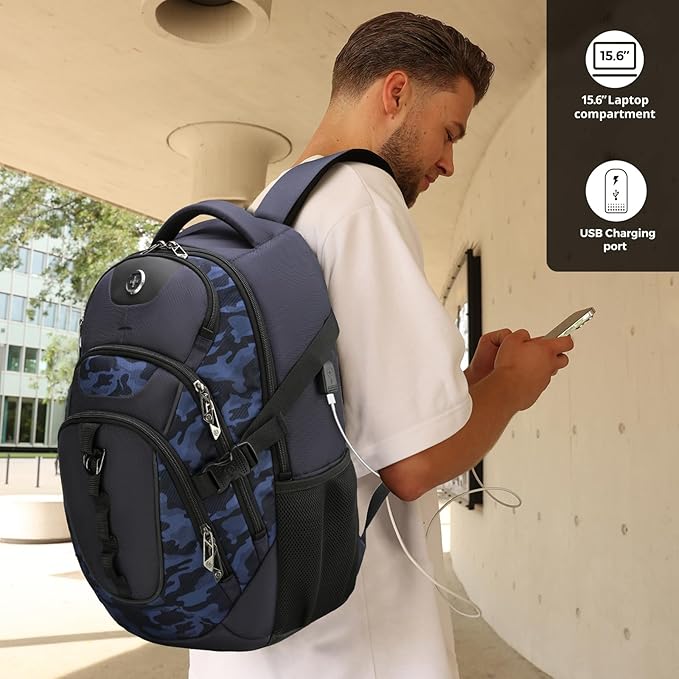 Swissdigital Design Laptop Backpack with USB Charging Port, Travel Backpack Fits 15.6 inches Computer, 31L College School Backpack for Men, Blue Camo | SD803-92
