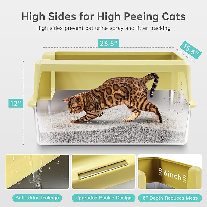 Stainless Steel Litter Box with High Side, XXL Extra Large Cat Litter Box for Big Cats & Multiple Cats, Non-Sticky, No Urine Leakage, Easy Clean Cat Litter Pan Include Scoop