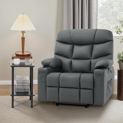 MCombo Oversized Power Lift Recliner Chair with Extended Footrest, Extra Wide 27.2" for Big and Tall Elderly People, Faux Leather R7289 (Dark Grey, Medium-Oversize)