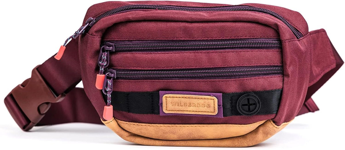 Wilderdog Utility Fanny Pack stores Treats, Balls, Keys in 3 Pockets with adjustable strap and Poop Bag dispenser (Huckleberry)
