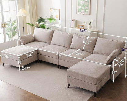 Rexulqo 135'' Modular Sectional Sofa with All Seats Storage, Oversized U Shaped Couch for Living Room,4-Seater Comfy Cloud Couch with Movable Ottoman,Big Sectional for Bedroom,Velet,Khaki