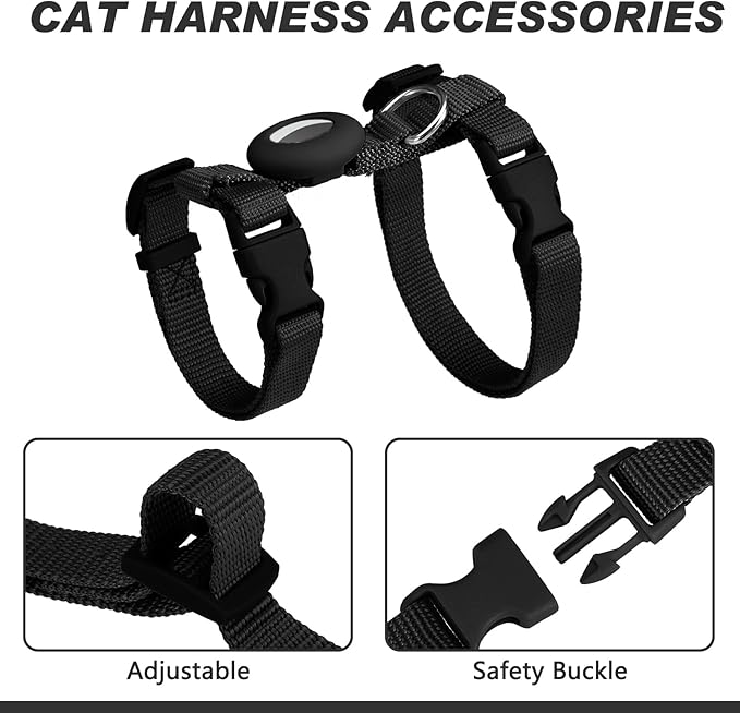 Cat Harness and Leash Set with Airtag Holder for Walking & Travelling, Escape Proof Cat Harness for Small Medium Large Kitten, Adjustable Lightweight Soft Cat Vests (Black)