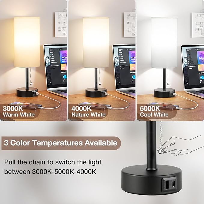 White Bedside Lamps for Bedroom Set of 2 - Nightstand Table Lamp with USB A + C Charging Port, 3 Color Temperatures Pull Chain Night Stand Light, Side Table Desk Reading Lamp for Living Room/Dorm
