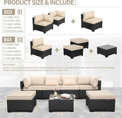 Lviden 7 Pieces Outdoor PE Wicker Furniture Set Patio Rattan Sectional Conversation Sofa Set with Khaki Cushions and Glass Top Table