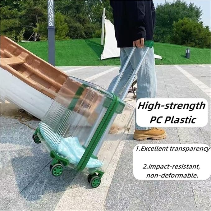 Rolling Pet Trolley Case, Portable Hard Shell Pet Carrier, Clear Plastic Cat Travel Box, Suitable for Cats and Dogs(Green,11.4 * 15.4 * 16.1in)