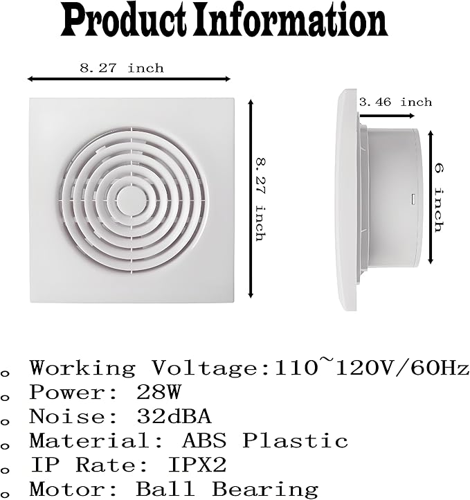 JOANAJO 6 Inch Exhaust Fan Bathroom Exhaust Fan Damper ABS Waterproof