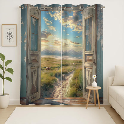 Landscape Blackout Curtains for Girls Boys Home Decor, Cow Sunset Grassland Mountain Natural Scenery Grommet Thermal Insulated Drapes Darkening Window Curtain for Bedroom Living Room, 55 x 63 Inch