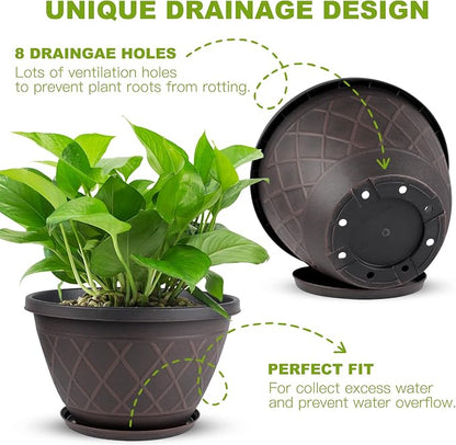 6 Pack 8 Inch Plant Pots, Planters with Drainage Holes & Saucers, Modern Imitation Diamond Pattern Design Plastic Flower Pots for Indoor & Outdoor Plants, Succulents, Flowers, and Herbs (Brown)