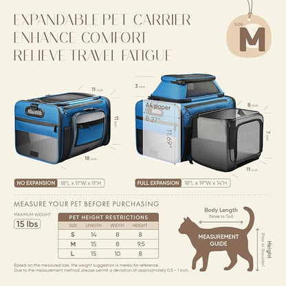 Top-Side Expandable Pet Carrier, Treat Window,18x11x11 Airline Approved | for Delta American United,Soft-Sided Cat Carrier,Anti-Scratch Mesh,Lockable Zippers,Dog Carrier for Kitten,Rabbit,Puppy,Blue