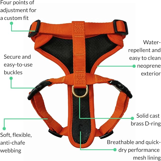 Adventure Dog Harness - Stylish, & Durable Large Dog Harness for Outdoor Adventures and Everyday Wear - Sunset Orange Neoprene Adjustable Harness for Dogs with Reflective Piping & Brass D-Ring