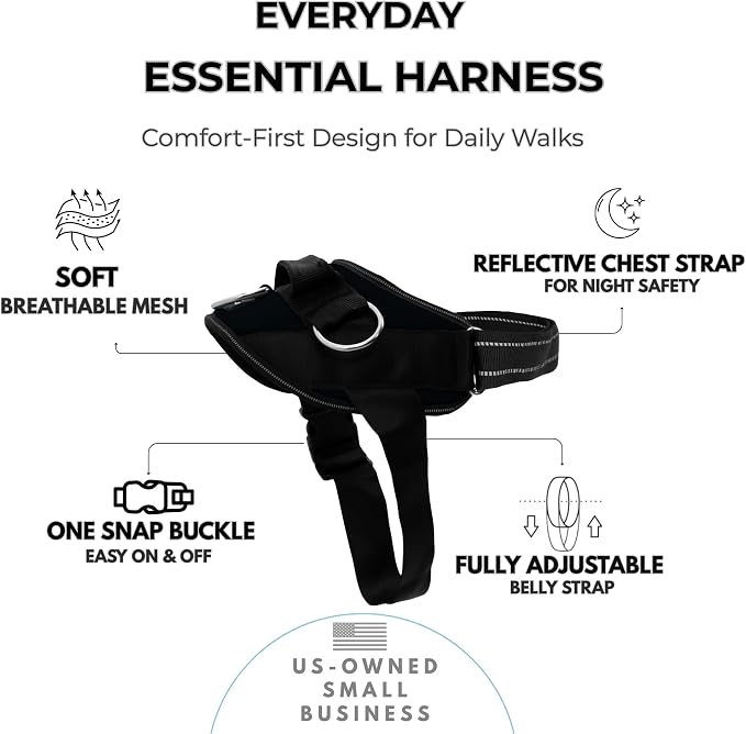 ShawnCo Essential Dog Harness, No-Pull Pet Vest (Midnight,XS) | 3 Leash Clips, Easy On, No-Choke, Reflective, Adjustable Fit, Padded Comfort, Control Handle, For Small, Medium & Large Dogs