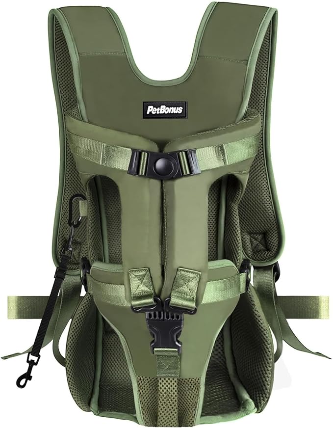 PetBonus Pet Front Dog Carrier Backpacks, Adjustable Pet Backpack, Legs Out Easy-fit Puppy Chest Carrier for Medium Small Dogs, Hands Free for Hiking, Cycling (Army Green, S) | Hands Free, Adjustable, Safety Strap, Walking Hiking Cycling Motorcycle bag...