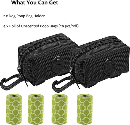 (2 Pack) Dog Poop Bag Holder, Poop Bag Holders for Leashes, CAKOVANO Doggie Waste Bag Dispenser Small Doggy Poop Bag Zipper Pouch with Carabiner Clip with 4 Rolls of Pet Trash Bags, Black