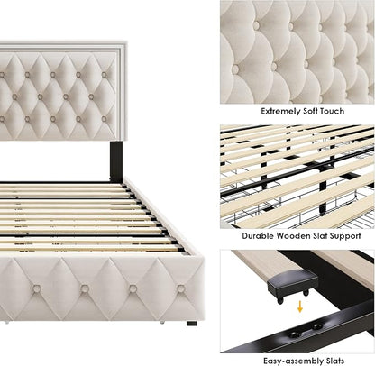 Keyluv Queen Upholstered LED Bed Frame with 4 Drawers, Velvet Platform Storage Bed with Adjustable Button Tufted Headboard and Solid Wooden Slats Support, No Box Spring Needed, Beige