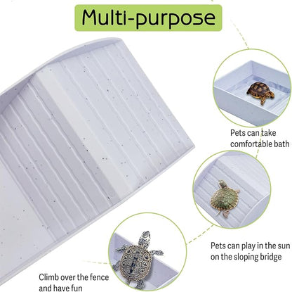 kathson Tortoise Water Dish with Ramp and Basking Platform, Reptile Water Bowl Turtle Soaking Tub Hermit Crab Bathing Pool for Amphibians Habitat Accessories (White)