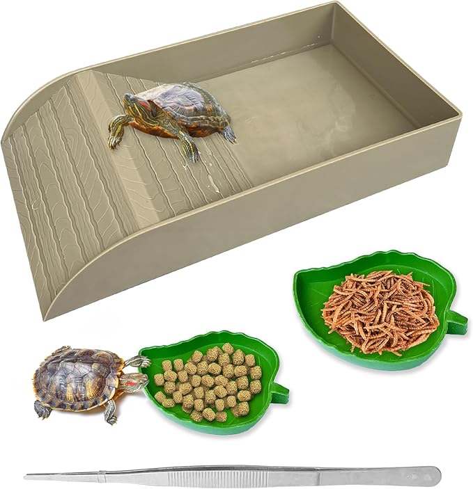 NGORAY Tortoise Feeding Dish with Ramp and Basking-Platform - Leaf Tortoise Water Food Bowls, Reptile Water Dish Amphibians Habitat, Reptile Water Bowl Fit for Amphibians with Forcep Cleaning Clip