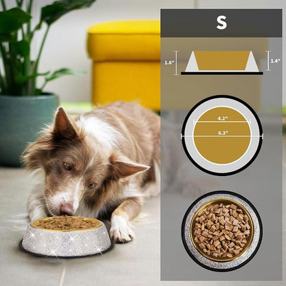 Sparkly Full Rhinestones Designed Gold Plated Stainless Steel Cat Bowl - Stylish and Practical Diamond Food Water Dishes Bowls for Dogs Cats Rabbits