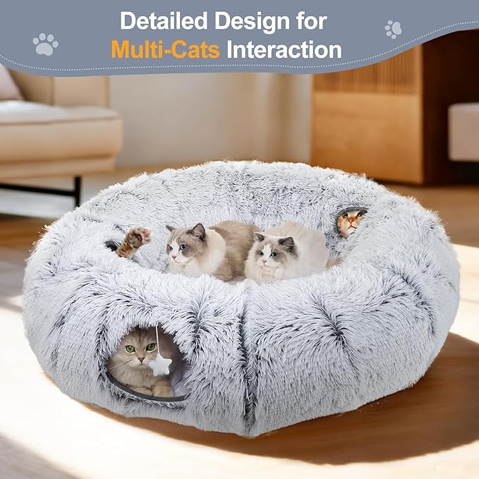 Cat Tunnel Bed for Indoor Cats, XL Christmas Tree Skirts Washable Warm Soft Indoor Cat Donut Tunnel, Multifunctional Cat Interactive Playground Toys for Felines Pet Christmas Tree Decoration