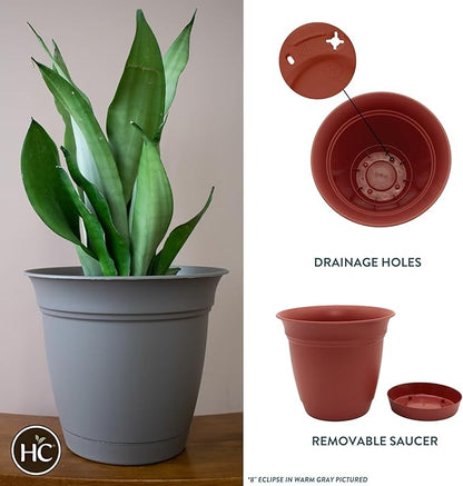 The HC Companies Eclipse Round Planter with Saucer - Outdoor & Indoor Plant Pot with Drainage Holes - Lightweight, UV-Resistant Plastic Pots for Plants, Flowers & Herbs (12" Clay, Pack of 1)