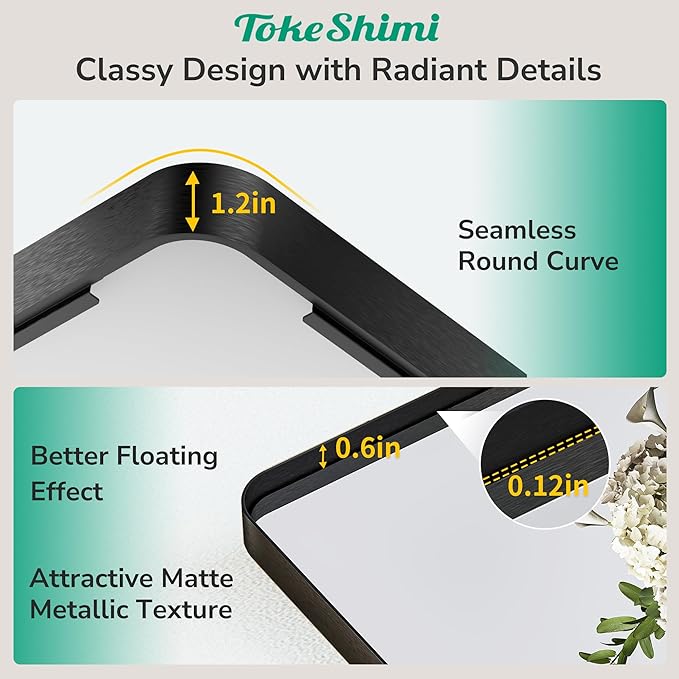 TokeShimi 36x36 Matte Black Bathroom Mirror, Bathroom Vanity Mirror Square