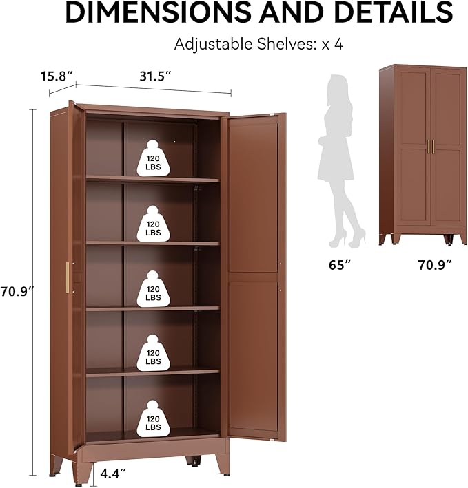 COFaR 71" Classic Pantry Cabinet in Brown, 5-Tier Storage