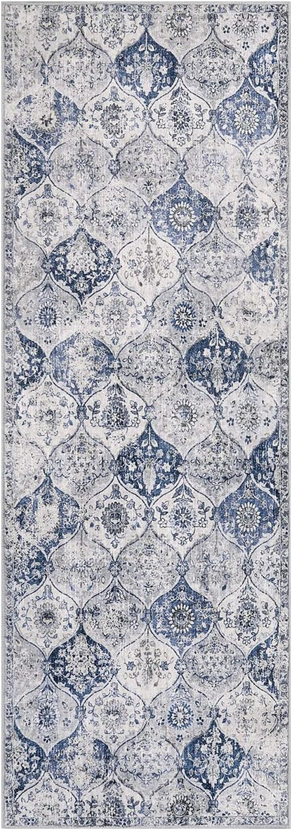 Lahome Moroccan Trellis Washable Runner Rug, 2x6 Kitchen Runners for Hallways 6 Feet Non Slip, Vintage Laundry Room Rug Ultra-Thin Long Carpet for Bathroom Bedroom Entryway, White/Royal Blue