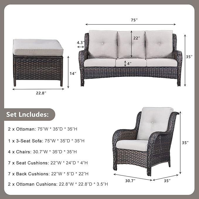 Rilyson Wicker Patio Furniture Set - 7 Piece Rattan Outdoor Sectional Conversation Sets with 1 Sofa,4 Armrest Chairs and 2 Ottomans for Porch Deck Garden(Brown/Beige)
