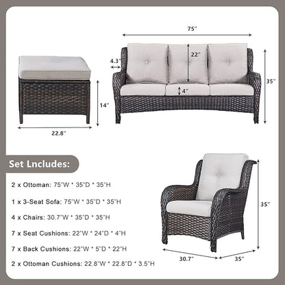 Rilyson Wicker Patio Furniture Set - 7 Piece Rattan Outdoor Sectional Conversation Sets with 1 Sofa,4 Armrest Chairs and 2 Ottomans for Porch Deck Garden(Brown/Beige)