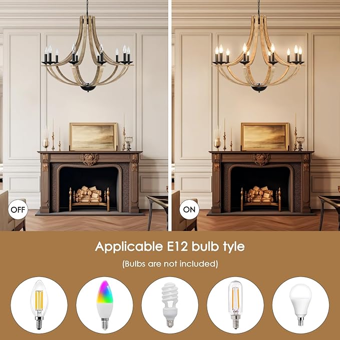 Farmhouse Chandeliers for Dining Room Light Fixture, 10-Light 35" Adjustable Height Retro Faux Wood Texture Rustic Light Fixtures for Living Room Bedroom Kitchen Island Foyer Entryway