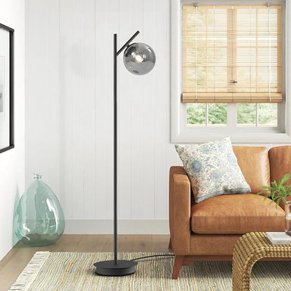 Mid Century Floor Lamp for Living Room Moderm Tall Standing Lamp with Frosted Glass Globe Shades Contemporary Brass Freestanding Lamp for Office Bedroom (Black-Smoky Gray)