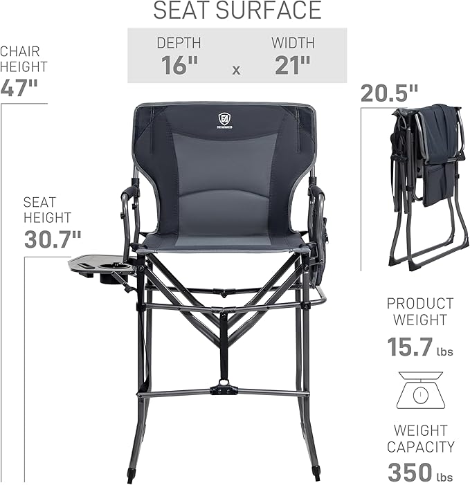 EVER ADVANCED Portable 30.7" Seat Height Tall Folding Camping Chair Directors Chair High Foldable Bar Stool with Side Table for Makeup Artist, Sports Event, Craft Show, Supports 350LBS Grey