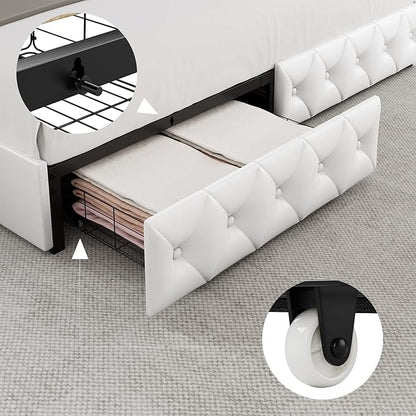 Keyluv Full Upholstered LED Bed Frame with 4 Drawers, Pu Leather Platform Storage Bed with Adjustable Button Tufted Headboard and Solid Wooden Slats Support, No Box Spring Needed, White