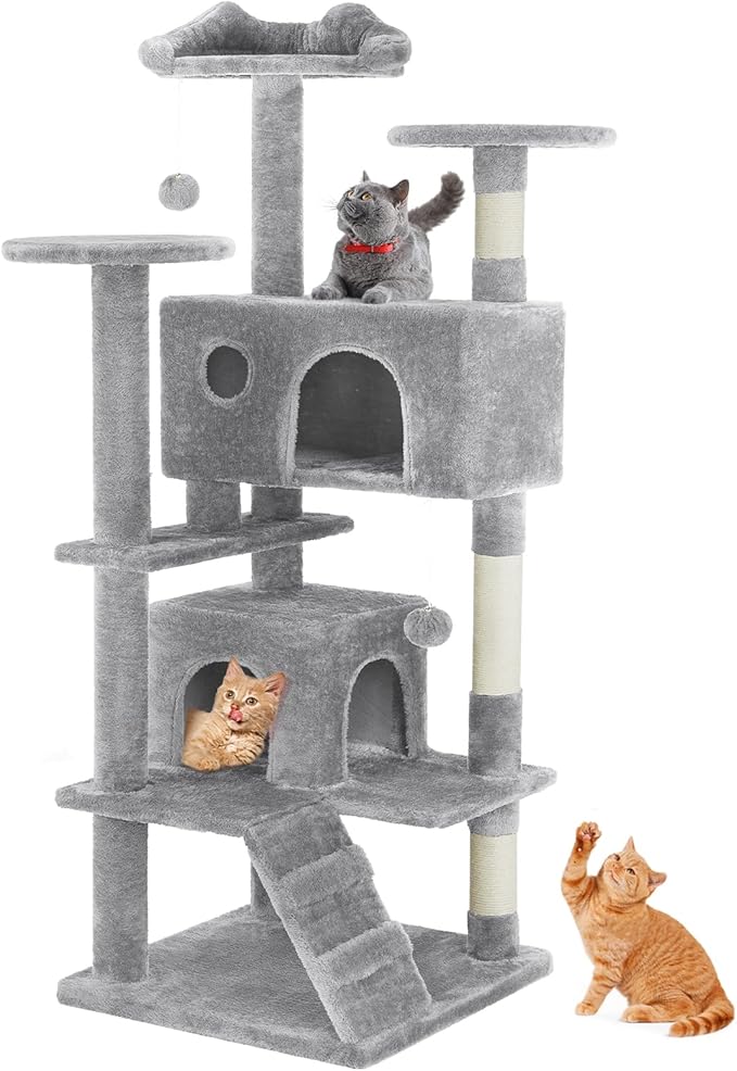 Sweetcrispy 54-Inch Cat Tree Tower – Multi-Level with Sisal Scratching Post, Perfect Pet Gift, Indoor Condo with Climbing Ladder, Plush Toy, and More Animal Stuff, Light Grey