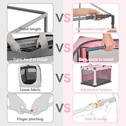 PETSFIT 26" Soft Portable Dog Crate – Patented Spiral Sturdy Frame, Collapsible Travel Kennel for Small Dogs, 3 Mesh Door, Lockable Zippers, Indoor & Car Use Pink