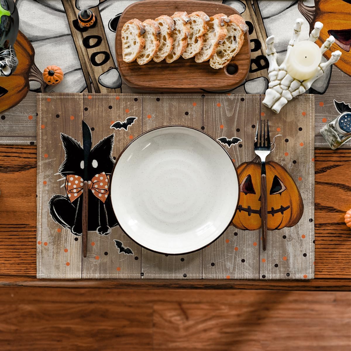 Artoid Mode Wood Polka Dot Ghost Cat Boo Halloween Placemats Set of 4, 12x18 Inch Seasonal Table Mats for Party Kitchen Dining Decoration