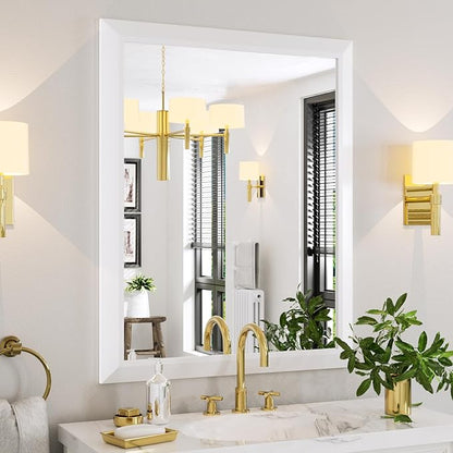 Amorho Bathroom Mirror, 40X32 Inch White Thick Metal Framed Wall Mirrors