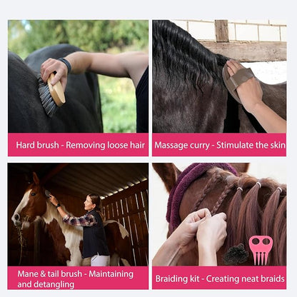 Horse Grooming Kit 13 Piece, Horse Brushes for Grooming Supplies with Tote Bag, Horses Tack Brush Set for Effective Grooming and Cleaning, Gift for Horse Riders Beginners (Pink)