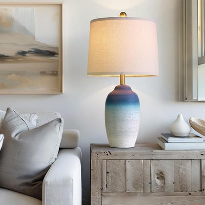 24.5" Vintage Ceramic Table Lamp - Single Farmhouse Rustic Bedside Lamp with Natural Textured Finish, Nightstand Lamps for Living Room, Bedroom, End Table, Office White and Blue