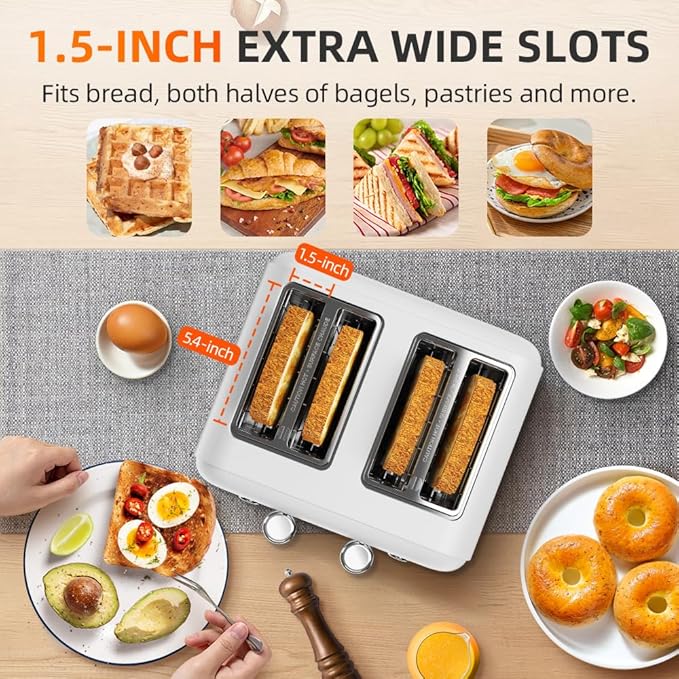 White Toaster 4 Slice, Dual Independent Controls, Extra Wide Slot Toasters